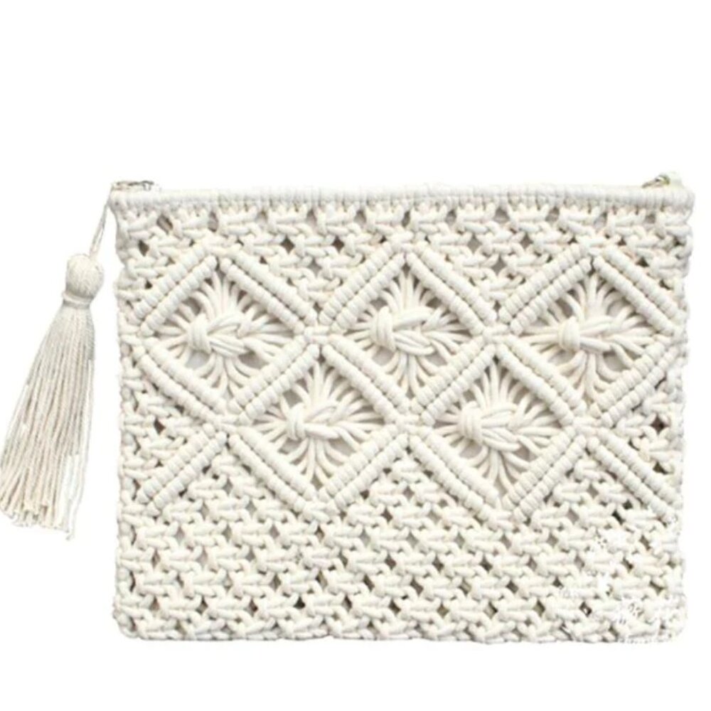 Wanderlust Weave and Tassel Clutch Chic Summer Bag, White Ivory